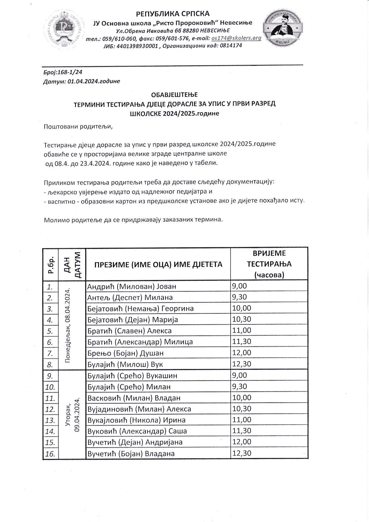 Termini testiranja djece dorasle za upis u prvi razred page 0001